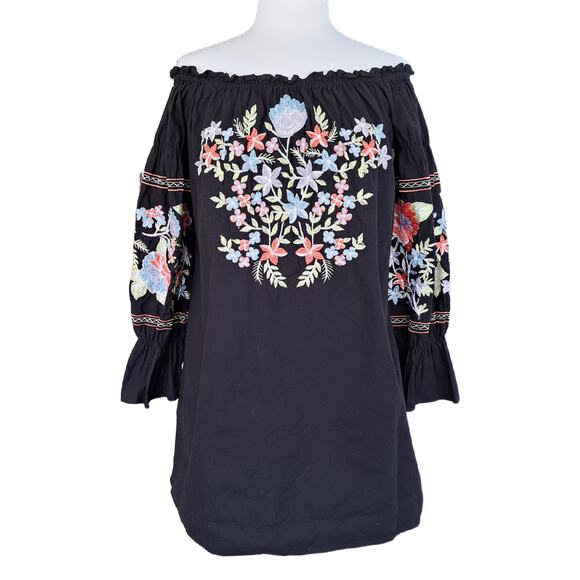 Free People Fleur du Jour Floral Embroidered Mini Dress Medium Off the Shoulder - Picture 2 of 9